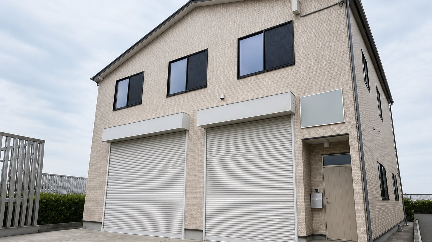 NAGIジムの外観イメージ。2階建ての建物とシャッター、看板スペース